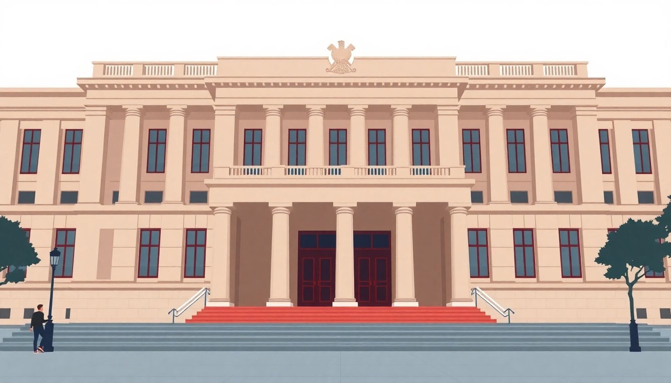 exterior of the Argentine Federal Cassation Court building in Buenos Aires, legal files and courthouse steps, daytime, no people in foreground