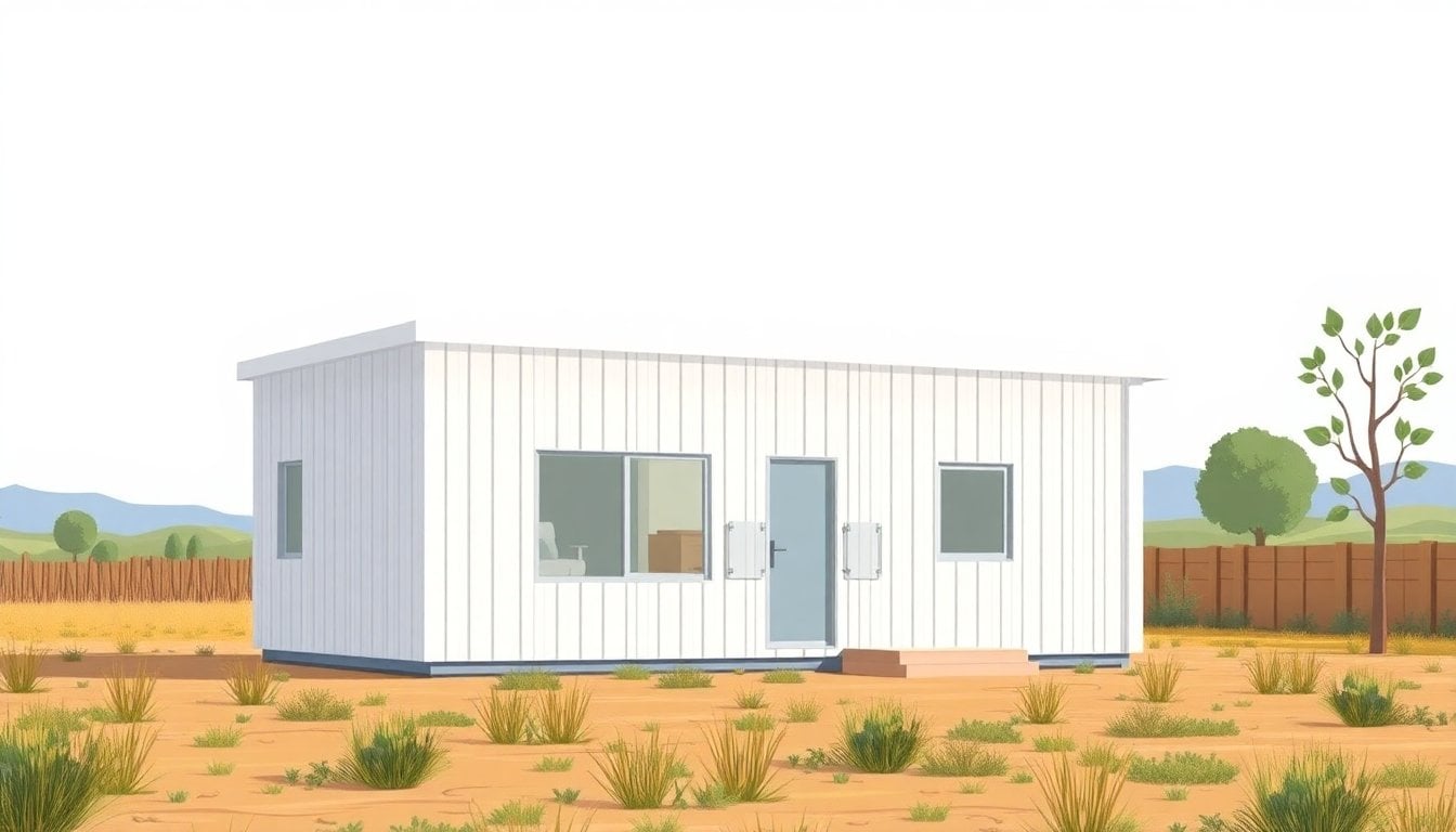 prefabricated modular house exterior Argentina, steel frame construction with two bedrooms, rural or suburban plot, daylight, no people