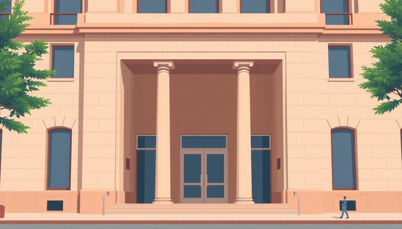 federal courthouse exterior Argentina, concrete facade, judicial building entrance, daylight, no people