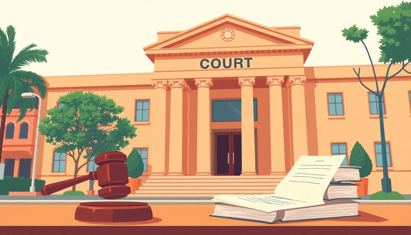 court building exterior in Buenos Aires with legal documents on a desk, gavel, and file folders, daytime, no people visible