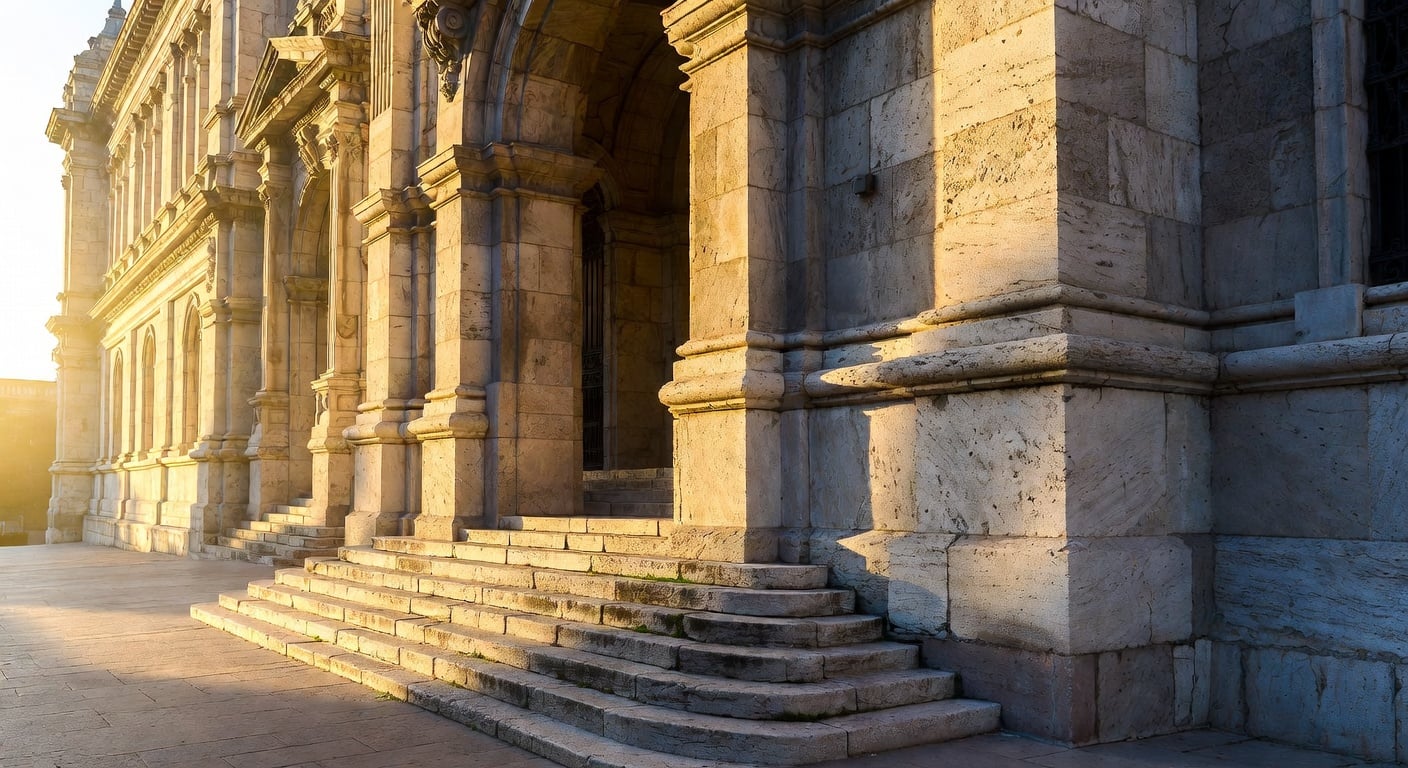 Córdoba Argentina courthouse exterior stone facade with steps, late afternoon light, no people