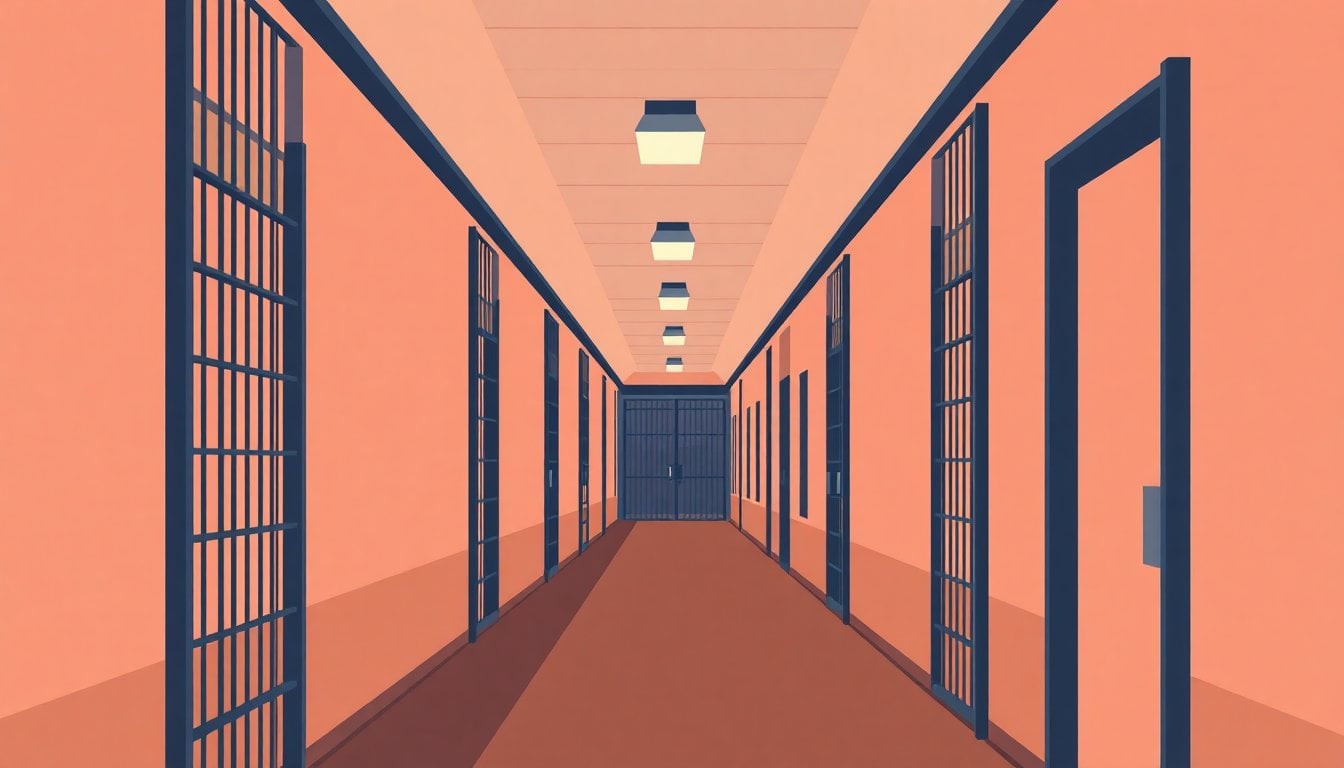 federal prison corridor Argentina, metal bars and security door, dim institutional lighting, no people visible