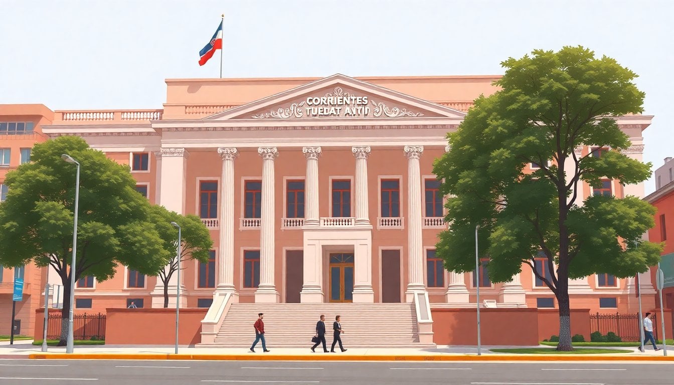 Corrientes Argentina courthouse exterior, federal tribunal building facade, daytime, no people in foreground