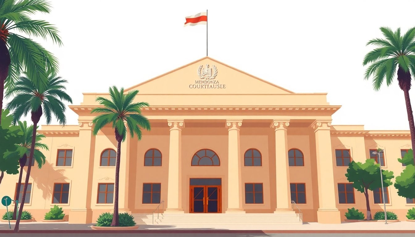 Mendoza Argentina courthouse exterior facade with palm trees, government building, stone columns, daylight