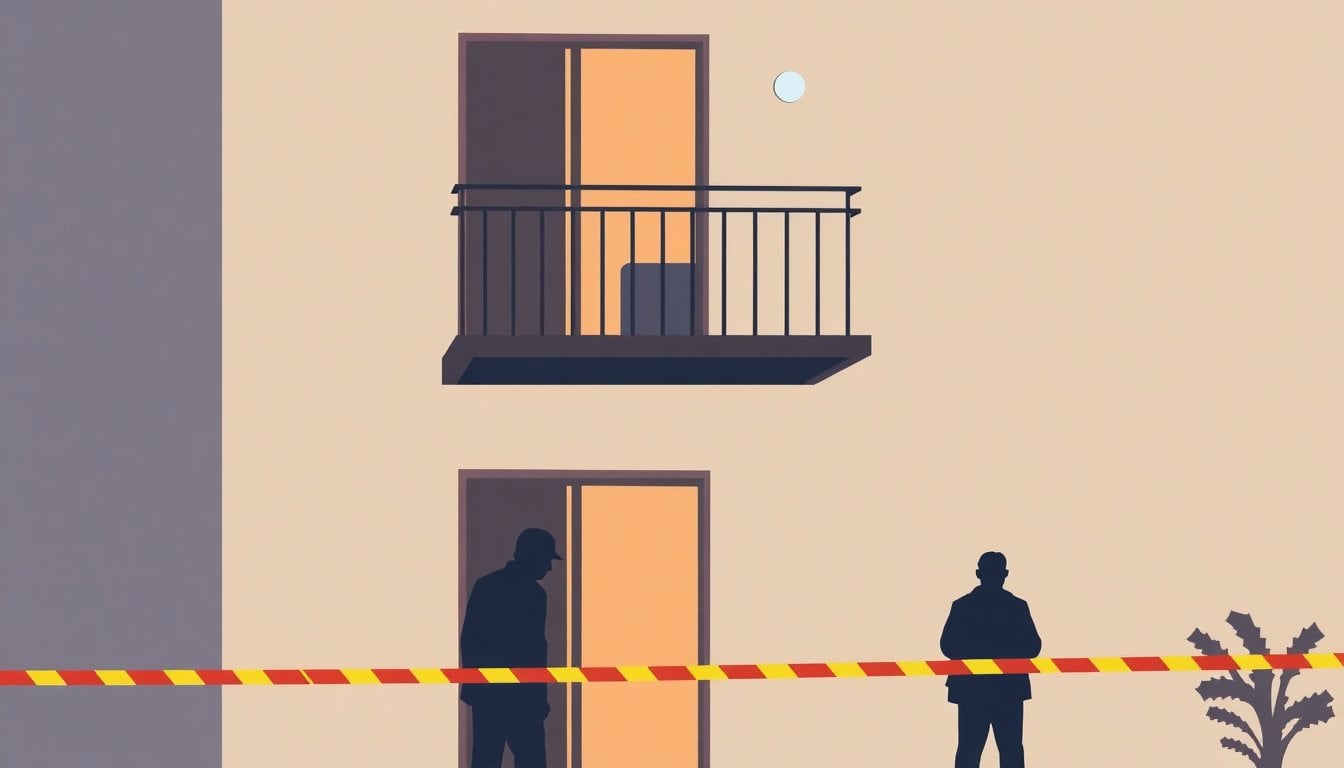 nighttime apartment balcony in a residential building in Catamarca, Argentina, police tape and forensic investigators below, no faces visible