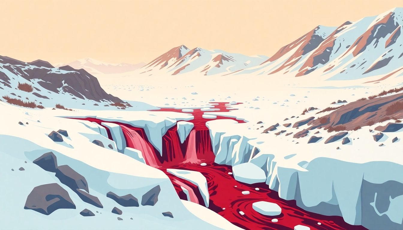 Blood Falls Antarctica red iron-rich water flowing over Taylor Glacier ice, McMurdo Dry Valleys, aerial view, vivid crimson contrast against white snow