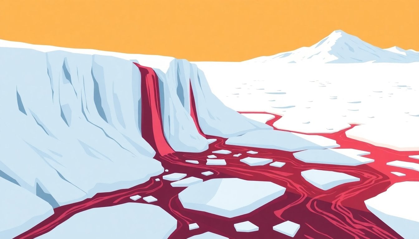 Blood Falls Taylor Glacier Antarctica, crimson red water flowing over white ice, remote frozen landscape, aerial or wide shot