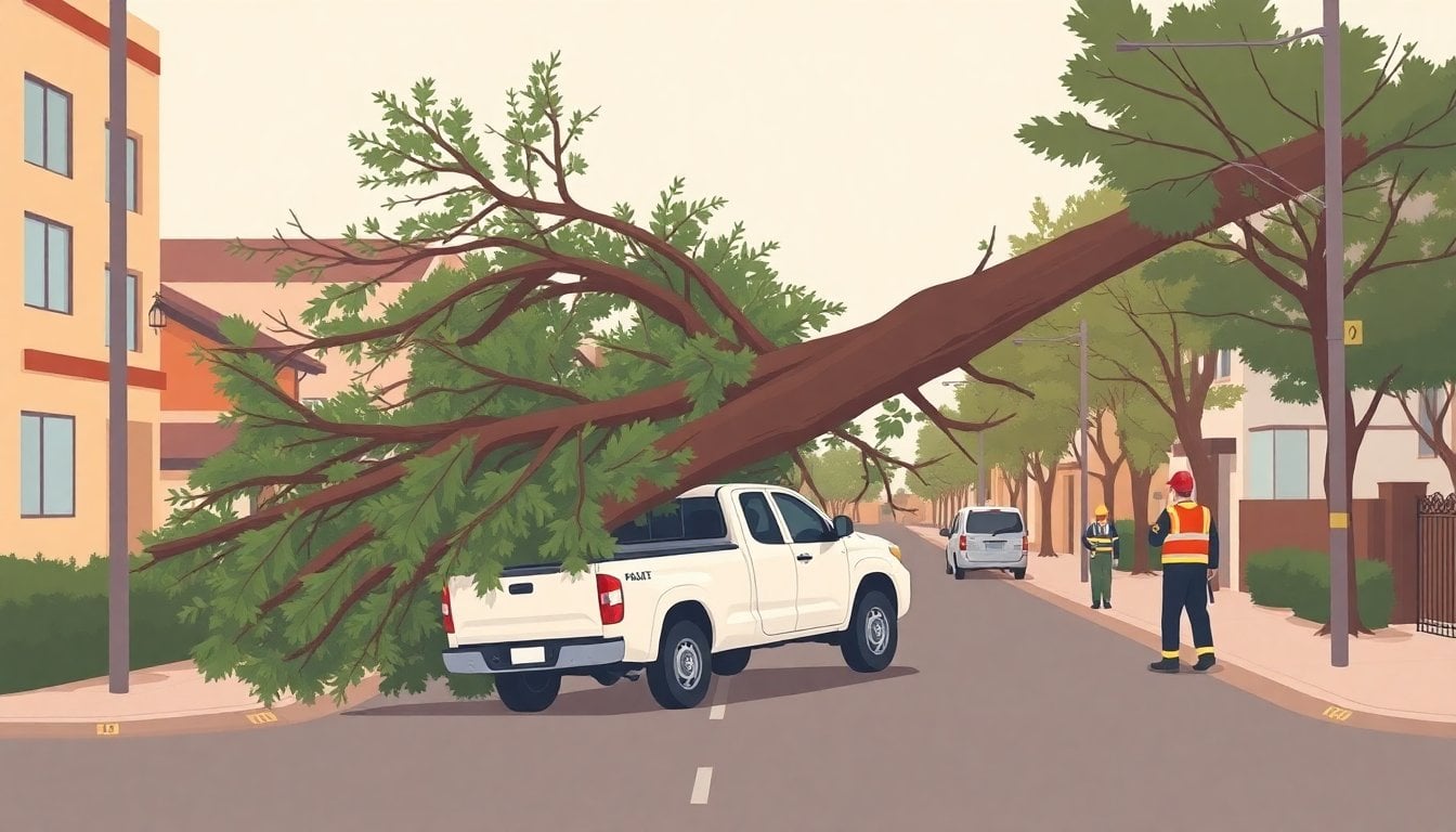 large fallen tree crushing a pickup truck on a suburban street in Mendoza Argentina, emergency responders nearby, strong wind conditions