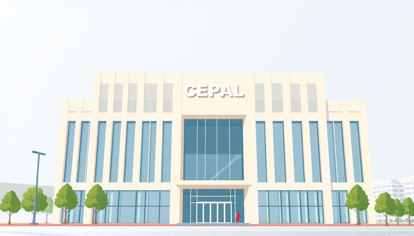 CEPAL headquarters building facade in Santiago Chile, modern architecture, daytime, no people
