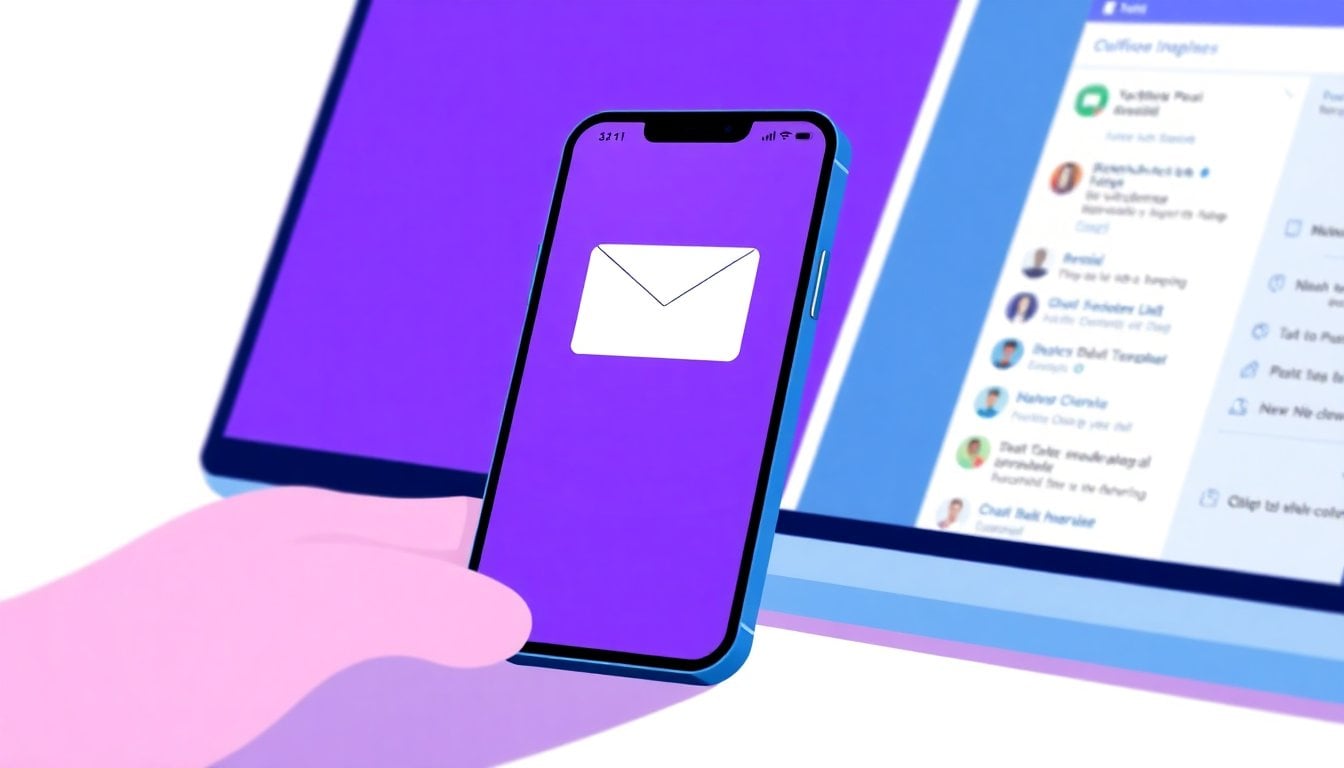 smartphone screen showing Gmail inbox open next to a laptop with ChatGPT interface, close-up, shallow depth of field, neutral desk surface
