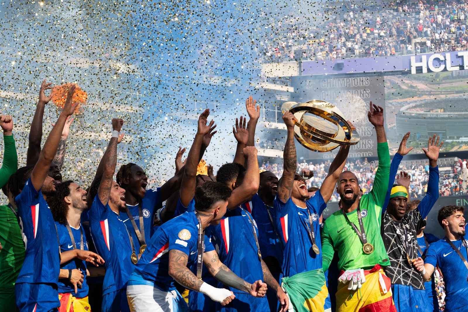President Donald Trump participates in the post-match ceremony at the FIFA World Cup Final soccer match between Chelsea Football Club and Paris Saint-Germain, Sunday, July 13, 2025, at MetLife Stadium