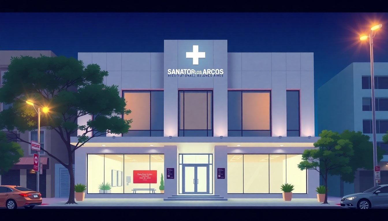 Sanatorio Los Arcos building facade in Palermo Buenos Aires, modern medical clinic exterior, daytime street view