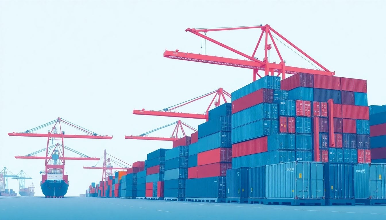 shipping containers and cargo cranes at a major port, stacked freight boxes with China and U.S. trade lanes implied, overcast daylight, wide shot