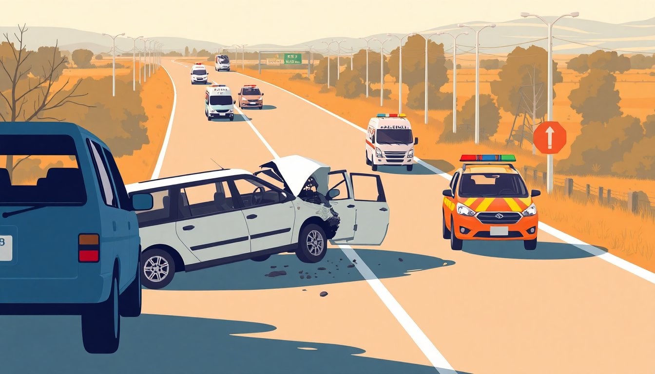 destroyed vehicles after a head-on collision on an Argentine national highway, rural road, emergency services present, daytime