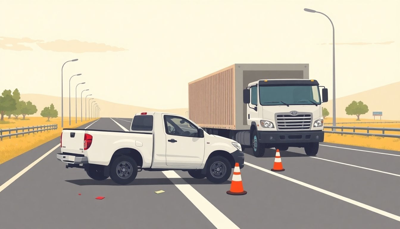 damaged white pickup truck and cargo truck stopped on a divided highway shoulder near Roldan, Santa Fe, emergency cones and debris, overcast daylight, no people visible