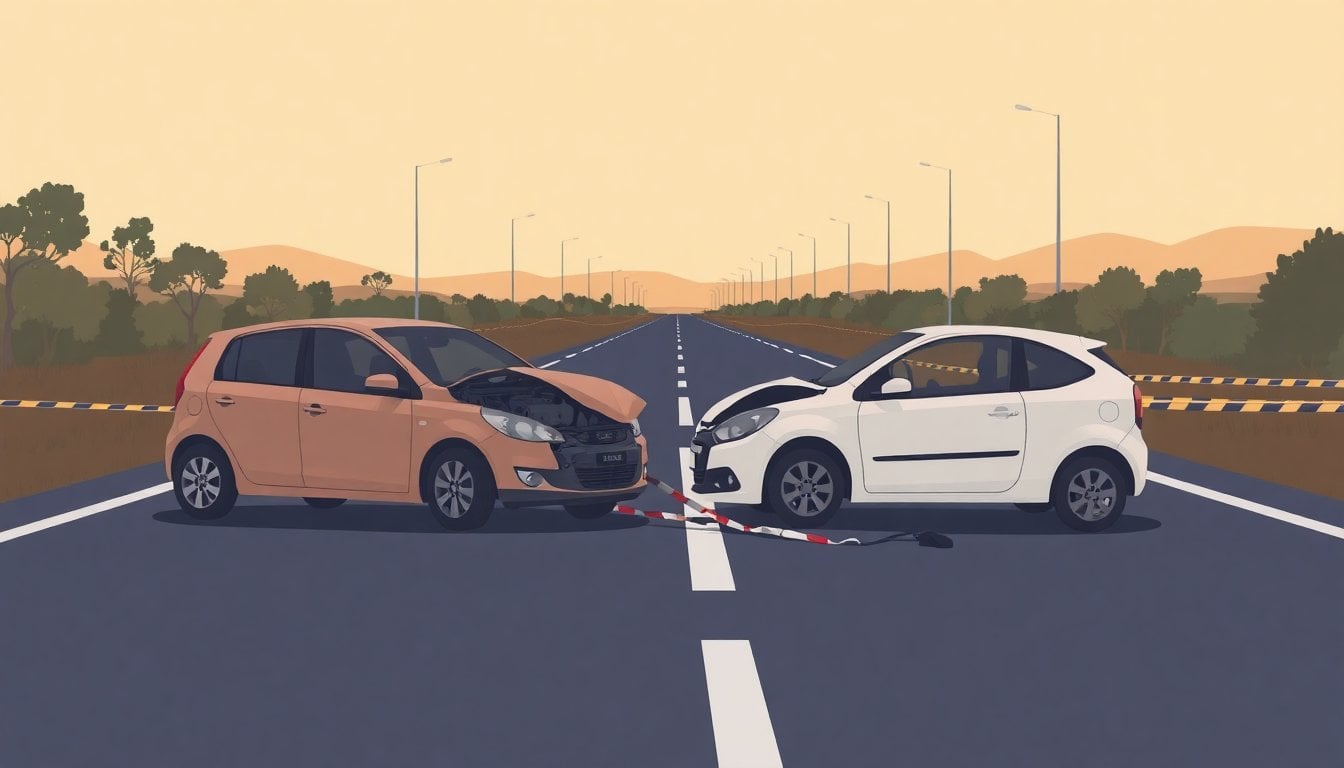 damaged compact cars after a head-on collision on a rural Argentine highway, twisted metal on asphalt, police tape, overcast daylight, no people visible