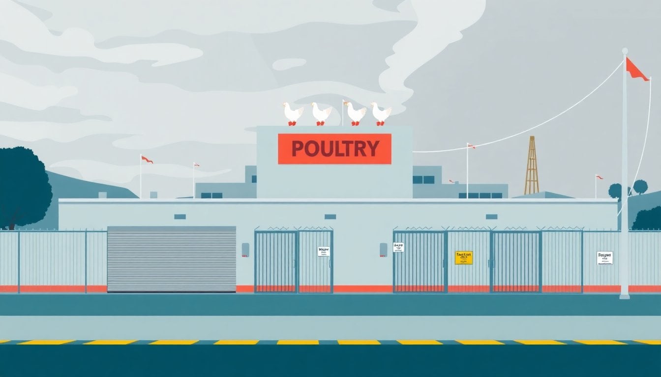 closed industrial poultry factory building in Buenos Aires outskirts, shuttered gates, faded signage, overcast sky, no people
