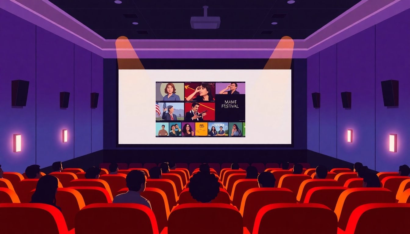 European film festival screening room in Argentina, projection screen with arthouse movie stills, audience seats, cultural venue interior, no people in foreground