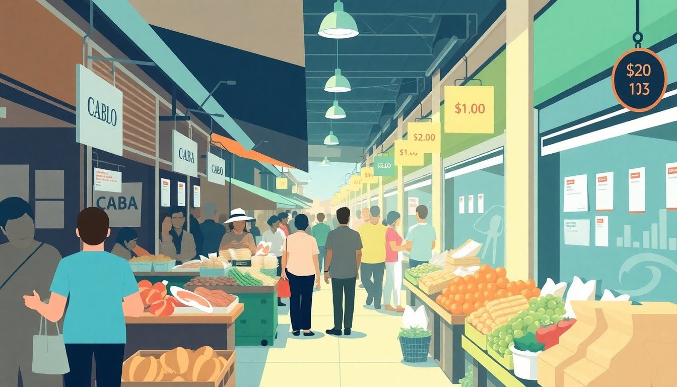 Buenos Aires CABA street market with price tags on food products, local vendors, crowded urban scene, daytime