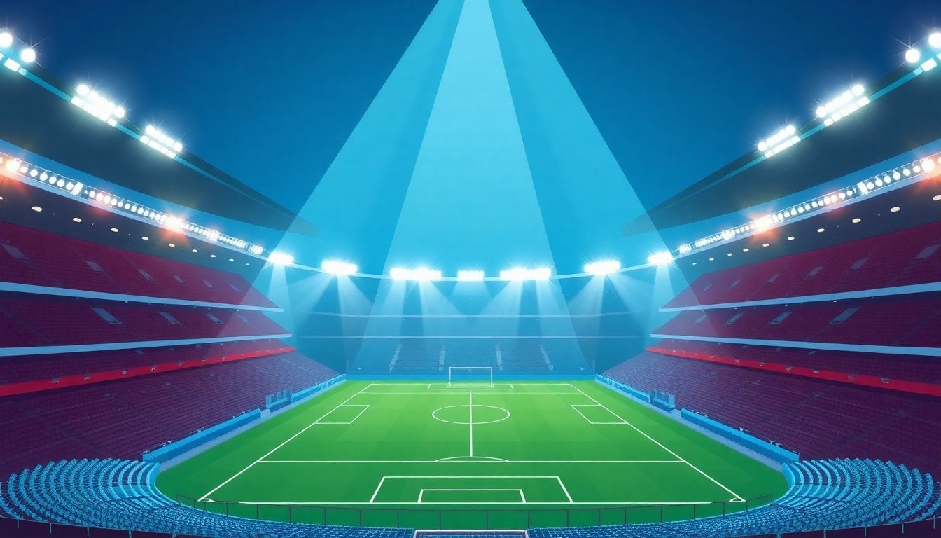 Argentine football stadium interior with floodlights on, green pitch from above, empty stands before kickoff