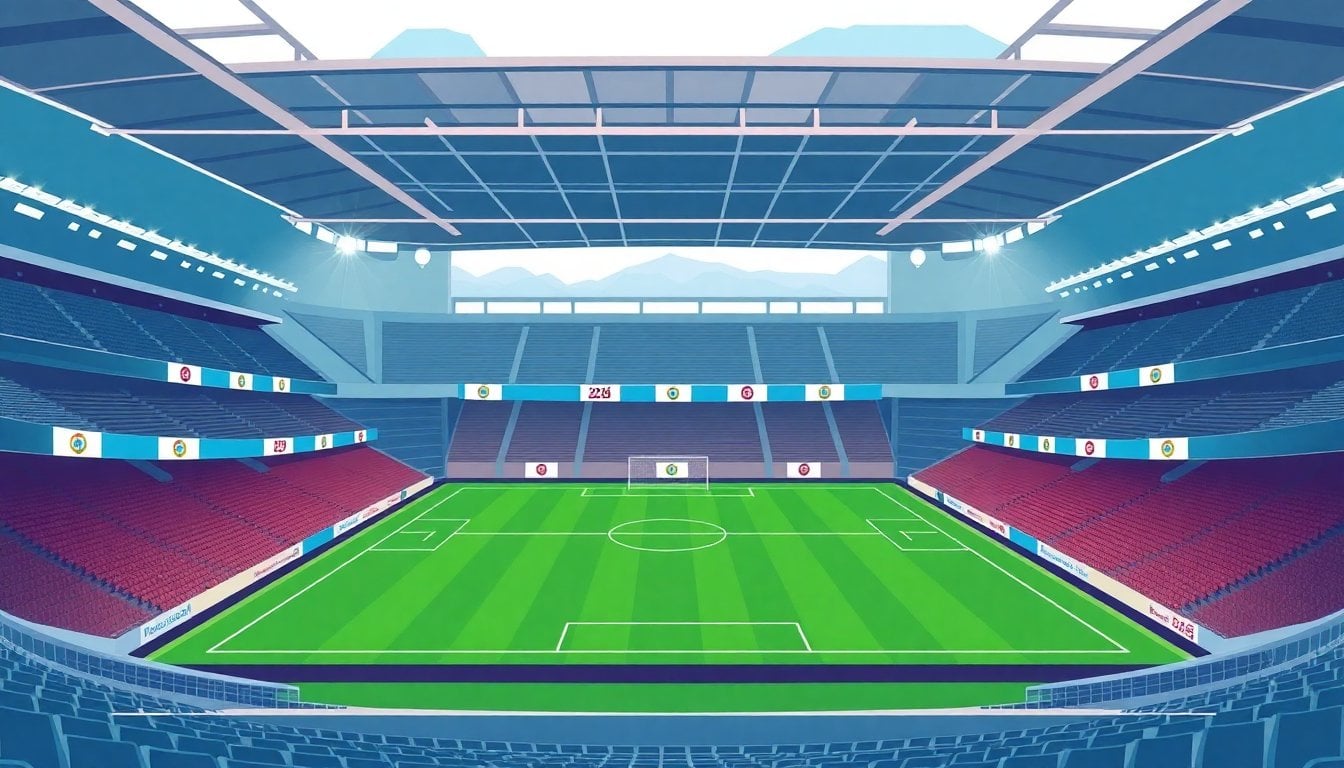 Argentine football stadium interior with green pitch and empty stands, afternoon light, Clausura 2026 banners visible