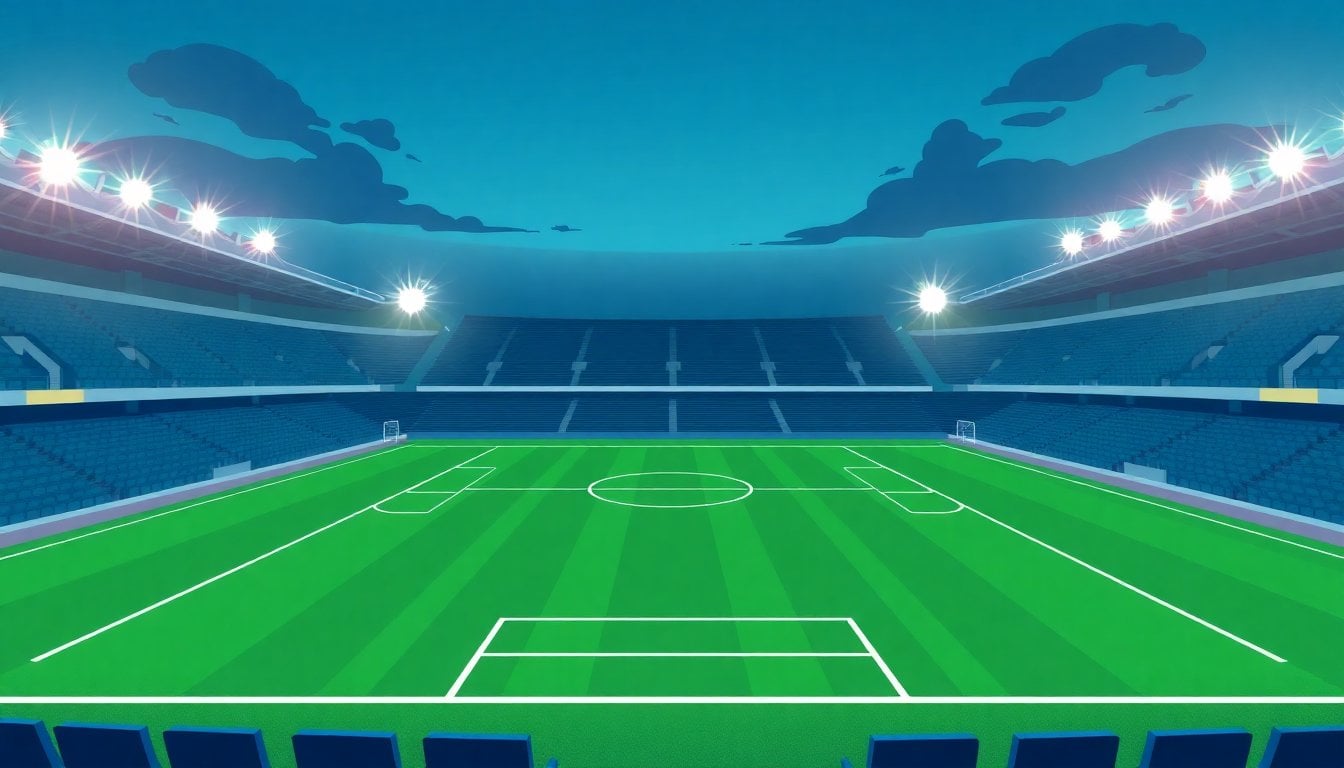 Argentine football stadium green pitch with stadium lights on during evening match, empty seats visible, close-up of field markings