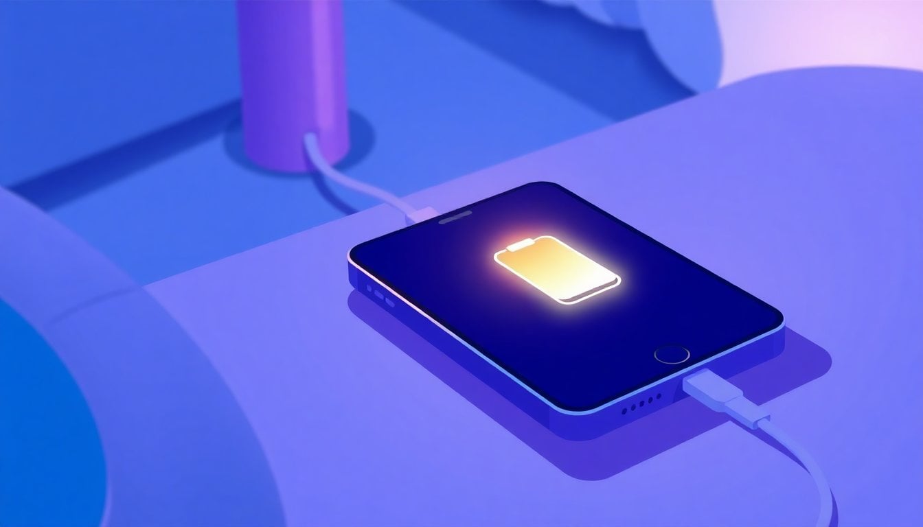 smartphone charging on a bedside table with cable connected, glowing battery icon on screen, soft indoor light, close-up