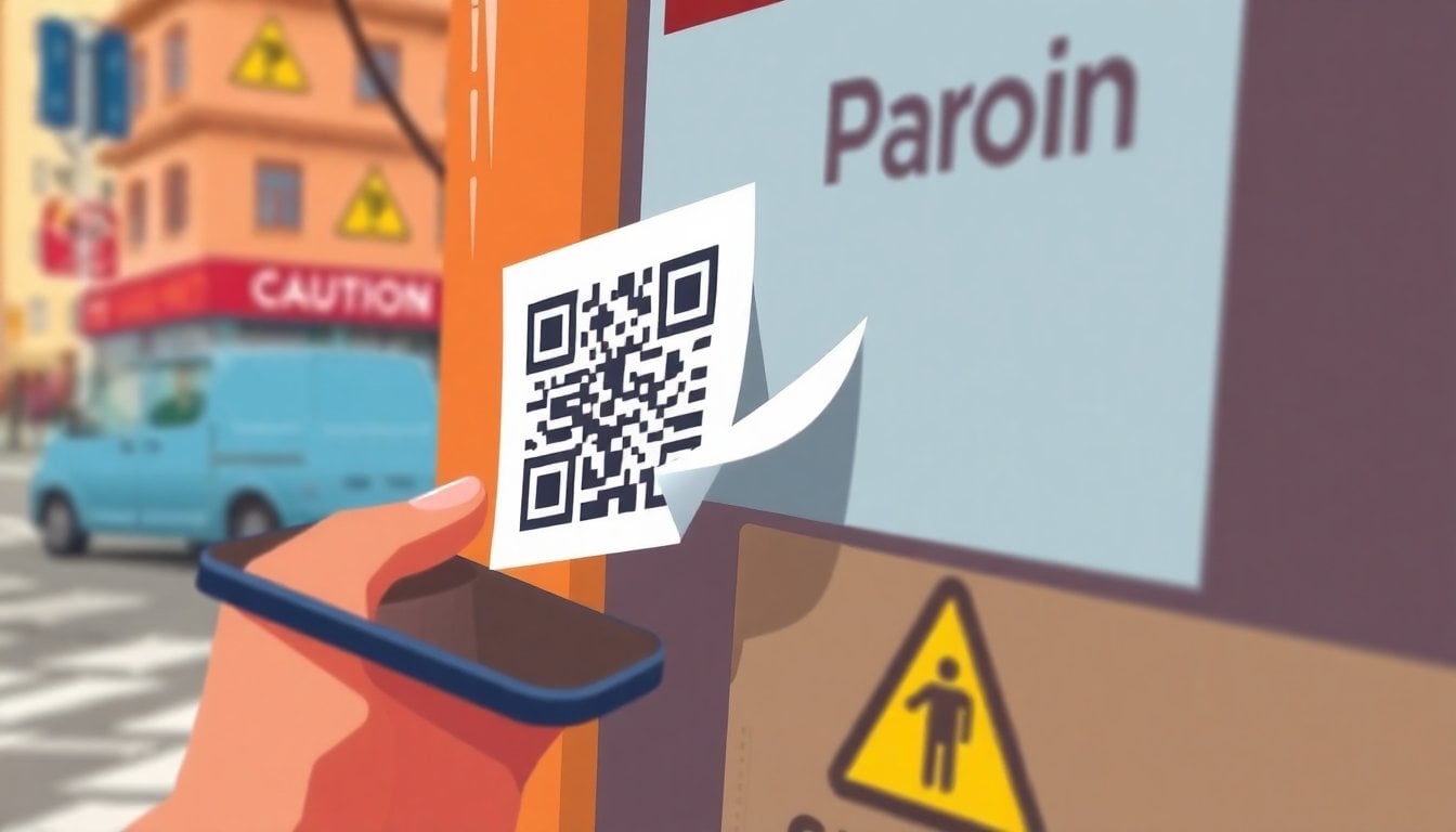 close-up of a printed QR code sticker partially peeling off a payment poster, smartphone hovering nearby, cautionary urban setting, shallow depth of field