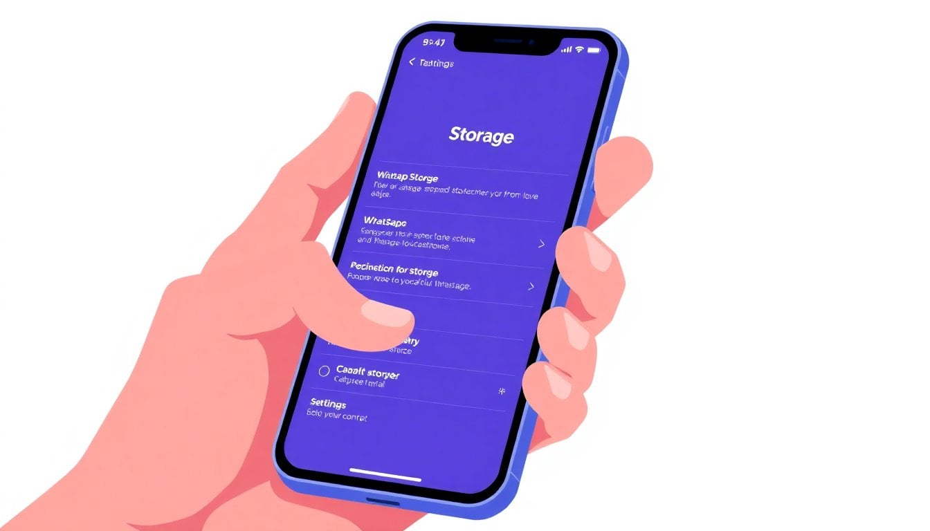 smartphone screen showing WhatsApp storage settings menu, close-up on hand holding phone, clean white background, soft daylight