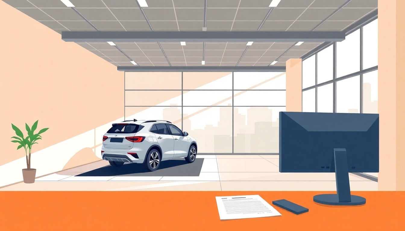 empty modern car dealership showroom with one silver SUV display spot, contract papers and a computer screen on a desk, daylight, no people visible