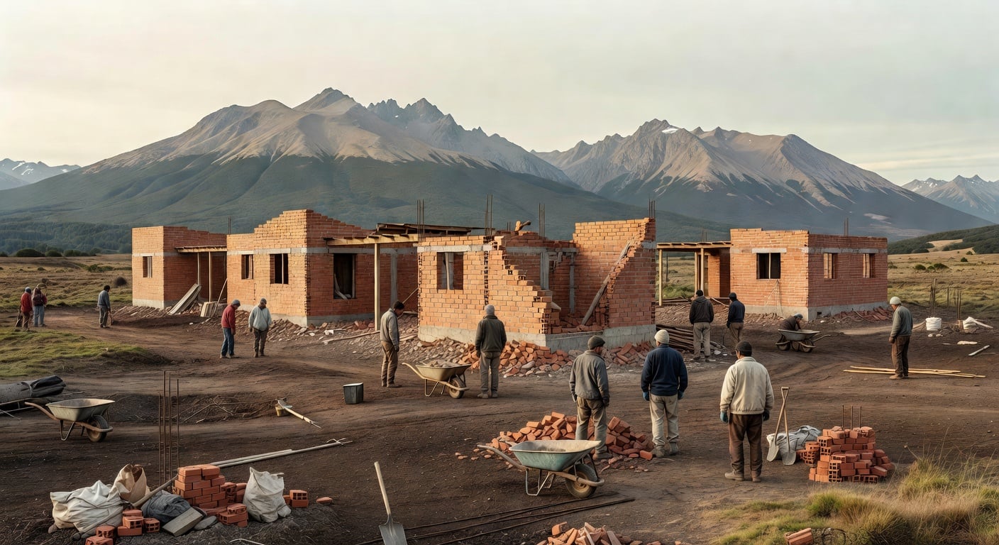 Argentine social housing construction site with unfinished brick buildings and empty lots, Ushuaia landscape with mountains in background