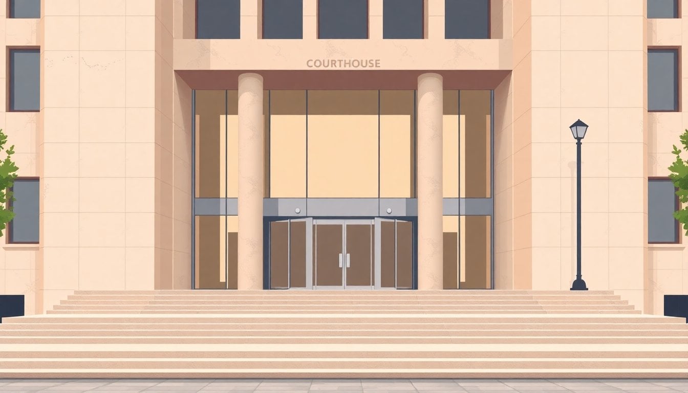 Argentine courthouse exterior facade, formal concrete and glass building, daytime, empty entrance steps