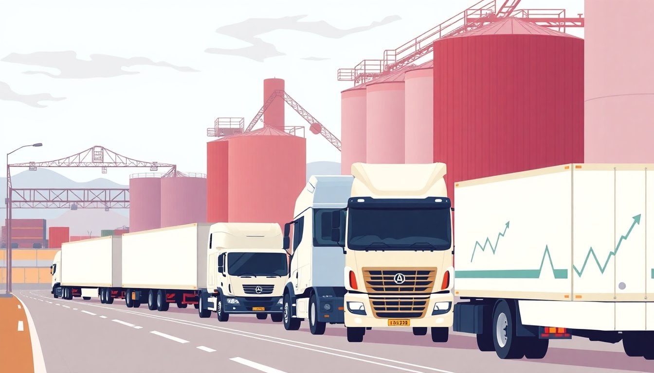 trucks lined up waiting at a busy Argentine port terminal, grain silos in background, overcast sky, wide shot, no people in foreground