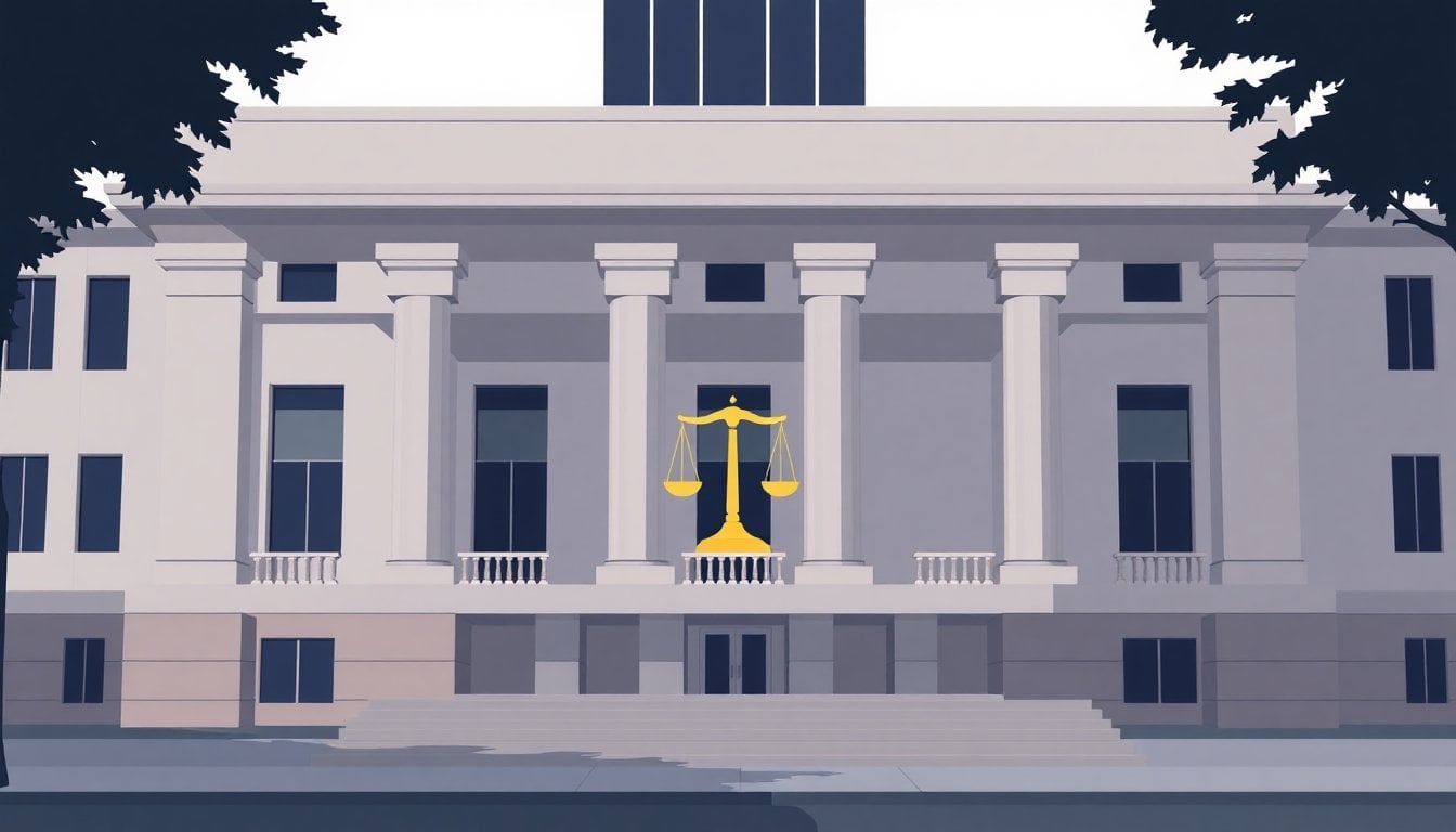 Argentine Council of Magistracy building exterior in Buenos Aires, institutional facade with judicial scales symbol, daylight, no people visible