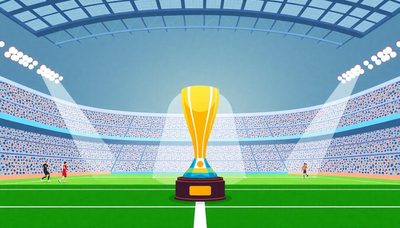 Copa Argentina trophy on display inside a stadium, green pitch background, Argentine football colors, natural lighting