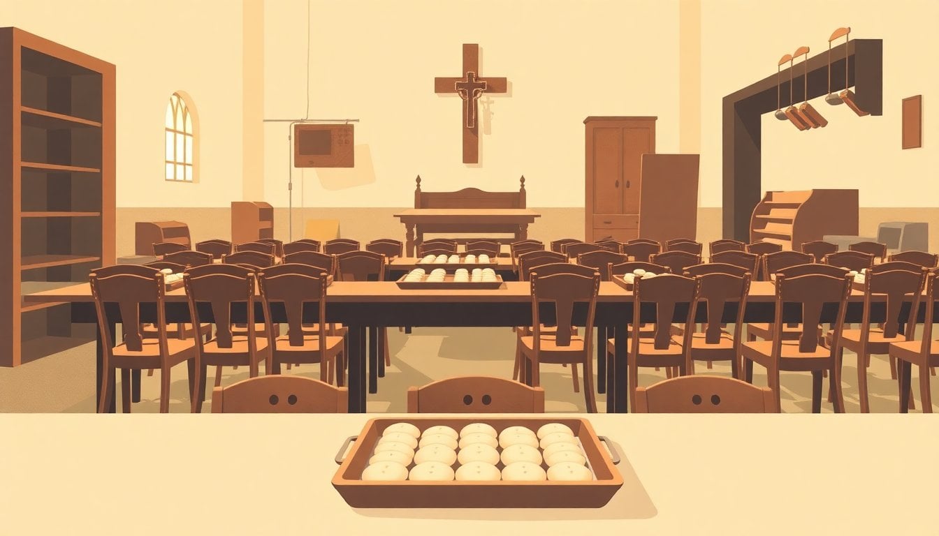 Catholic church workshop in Córdoba, Argentina, with handcrafted wooden chairs and trays of communion wafers on a table, soft daylight, no people in foreground