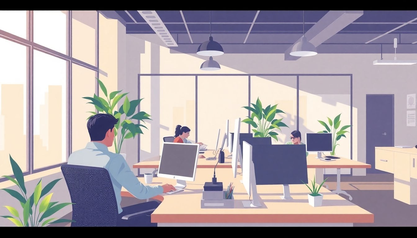 modern startup office interior in Córdoba Argentina, open workspace with computers and young workers, natural light through large windows