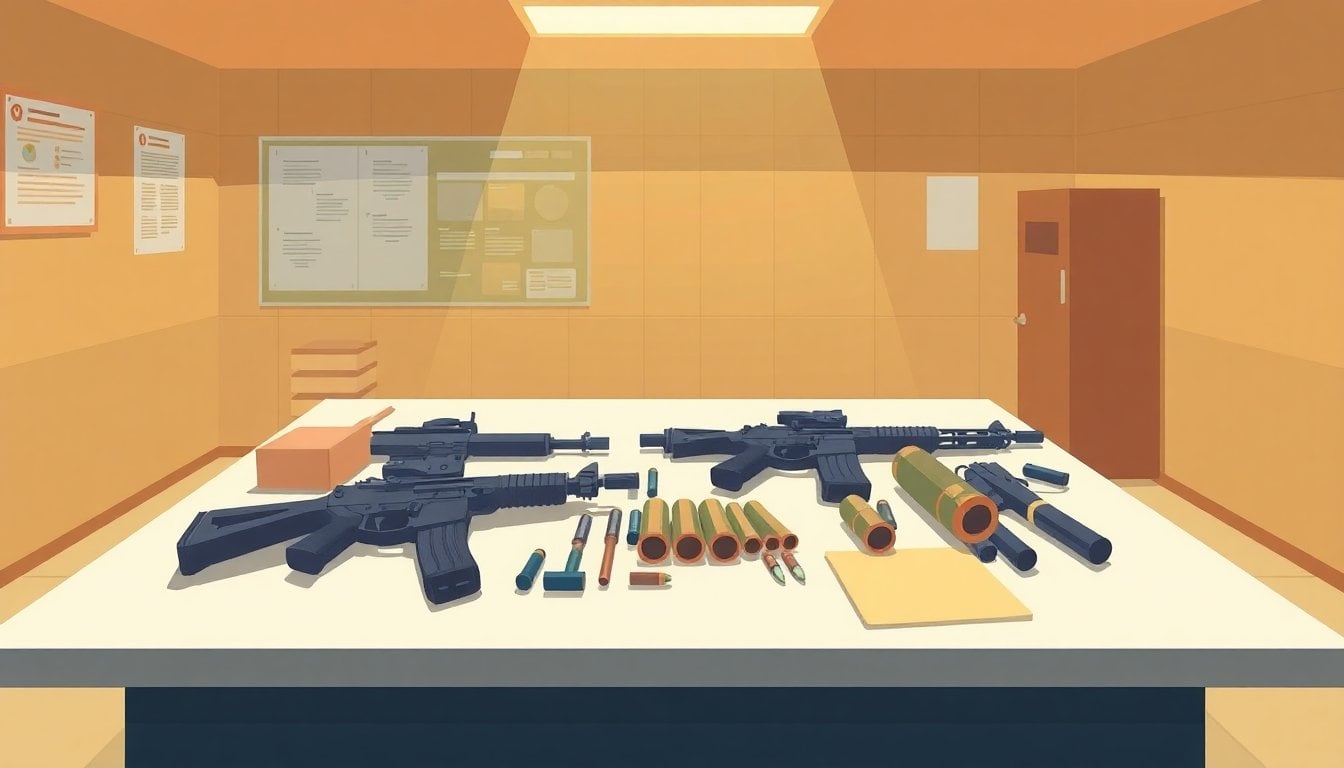 police evidence table with seized firearms, ammunition, and two mortar rounds in a Córdoba police station, forensic lighting, no people visible