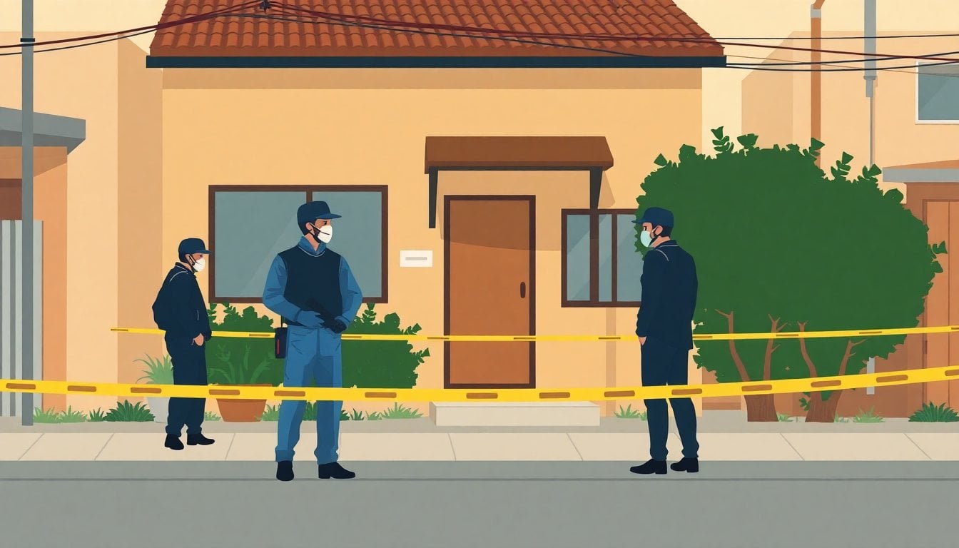 police forensic team outside a residential house in a small Argentine town, yellow crime scene tape, daylight, no faces visible