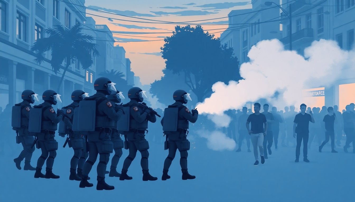 riot police officers in full gear facing crowd in Latin American city street, tear gas smoke, urban setting, dusk