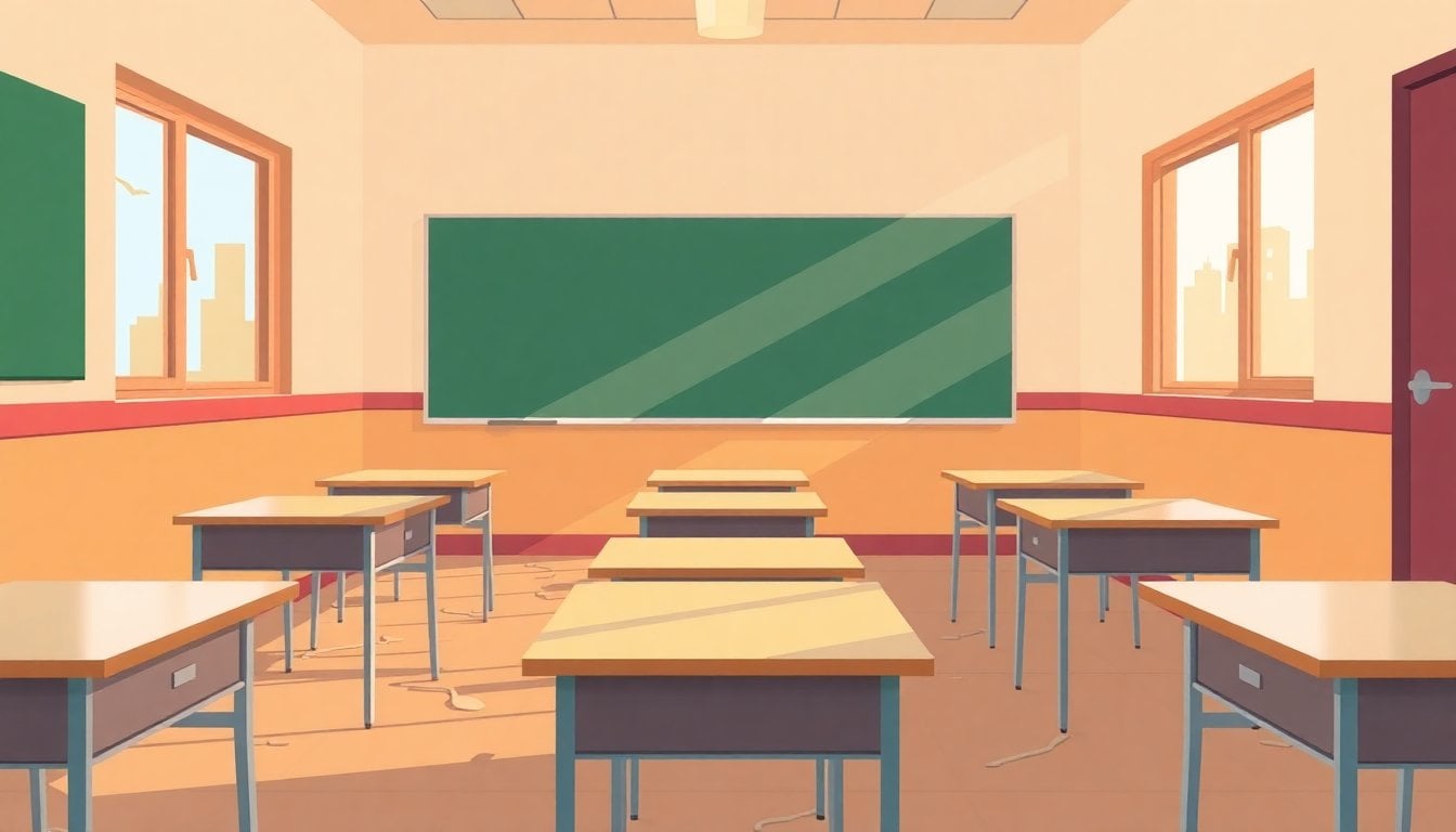 empty Argentine classroom with desks, chalkboard, and closed windows, morning light, no people visible