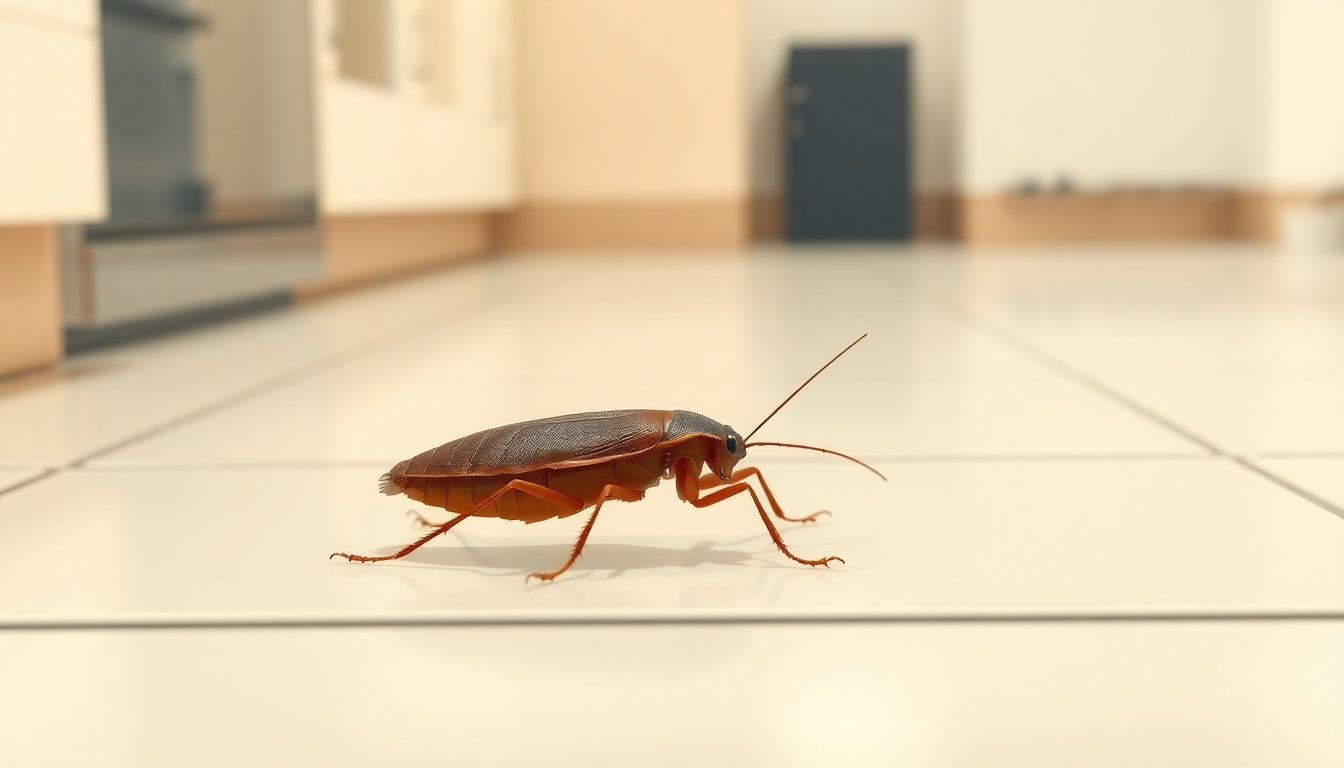 close-up macro photograph of a cockroach on a white kitchen tile floor, sharp detail on antennae and legs, neutral background