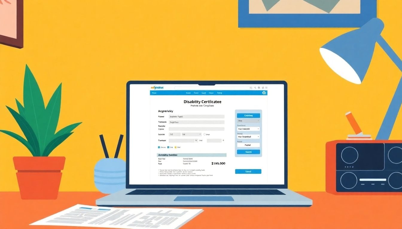 Argentine government digital platform on laptop screen showing disability certificate form, close-up on screen, home desk environment