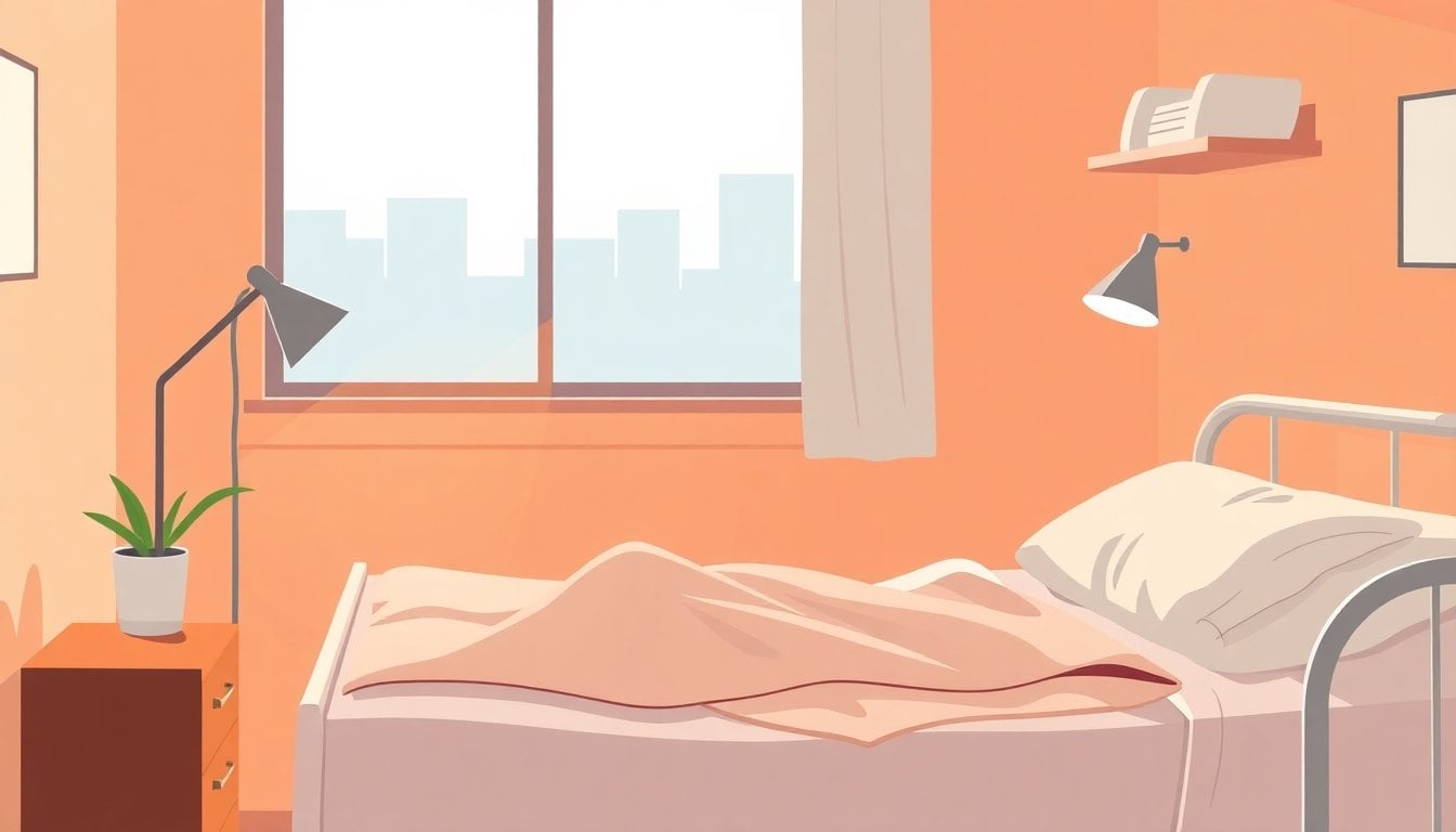 hospice care room with a patient bed, warm bedside lamp, folded blanket and a window with soft daylight, no people visible