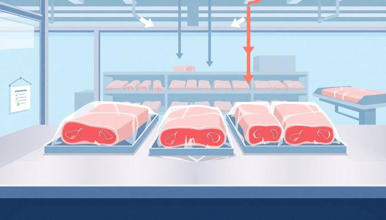 refrigerated beef cuts vacuum-sealed on stainless steel processing table at Argentine meatpacking plant, industrial cold storage, no people
