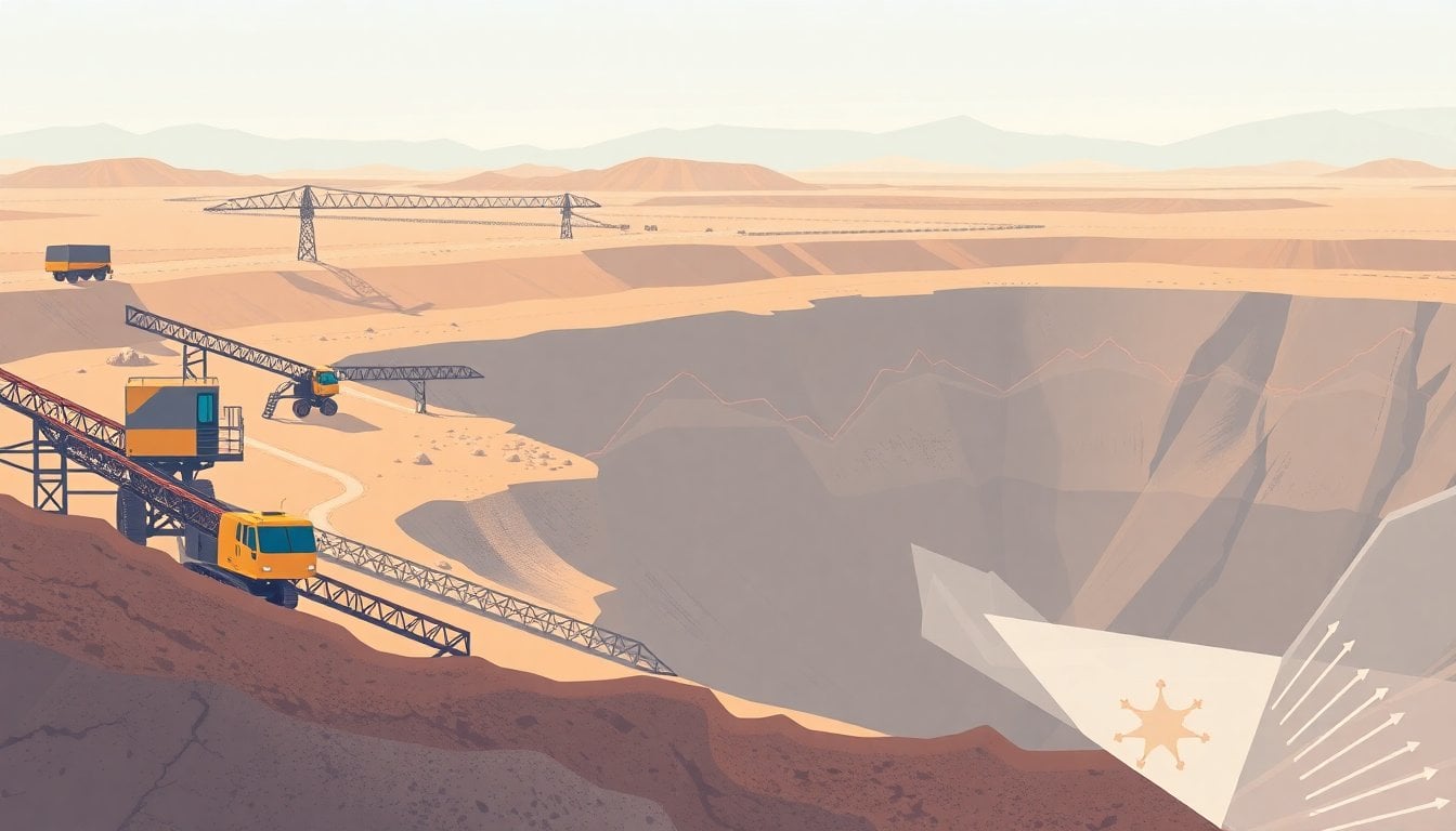 industrial mining site in Argentina with heavy machinery, conveyor belts and dusty open pit landscape, no people visible, documentary style
