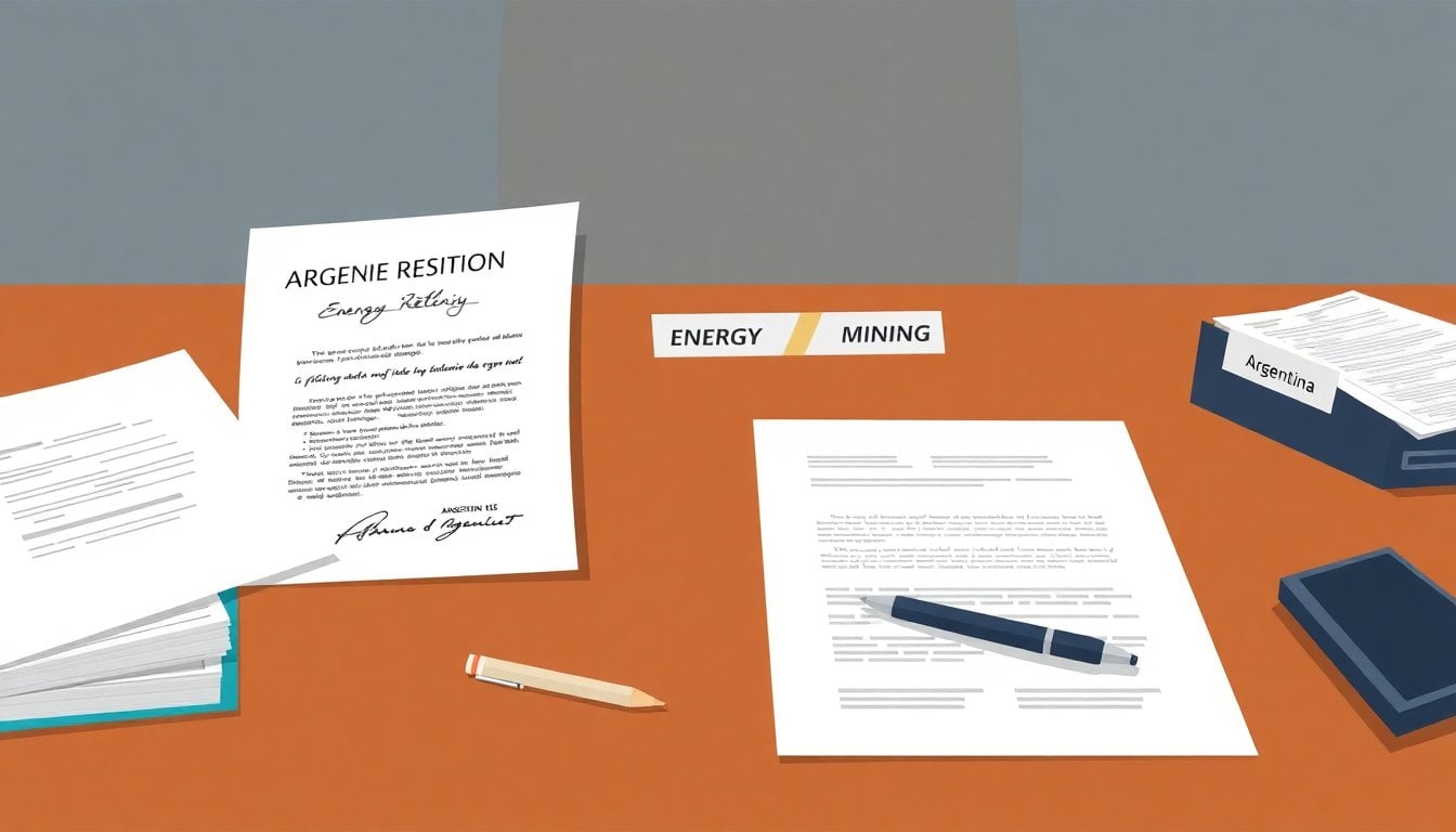 Argentine government office desk with a signed resignation letter, folders labeled energy and mining, and a pen beside official paperwork