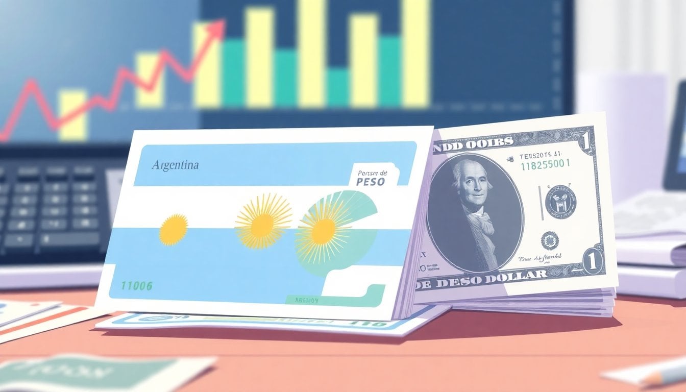 Argentine peso banknotes and US dollar bills side by side on a financial desk, close-up, shallow depth of field, natural light