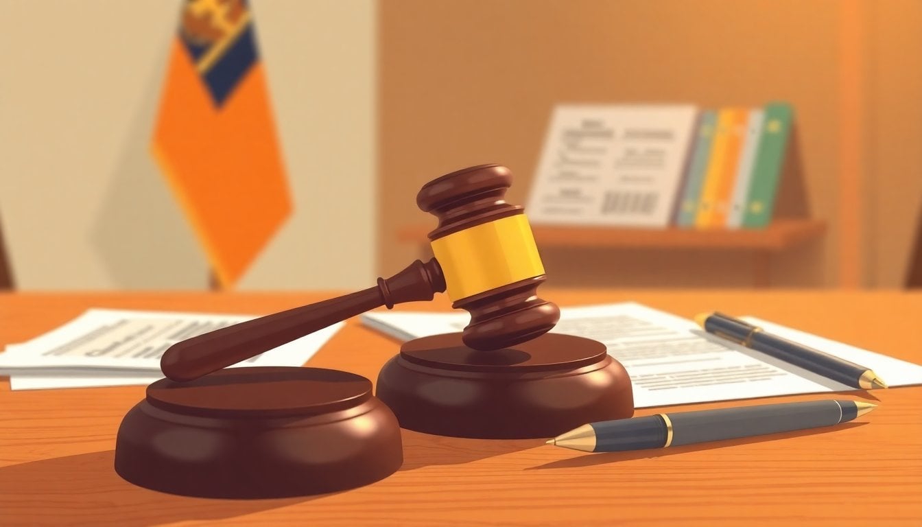 Argentine family court document with judge's gavel on wooden desk, legal papers and pen, shallow depth of field, warm office light