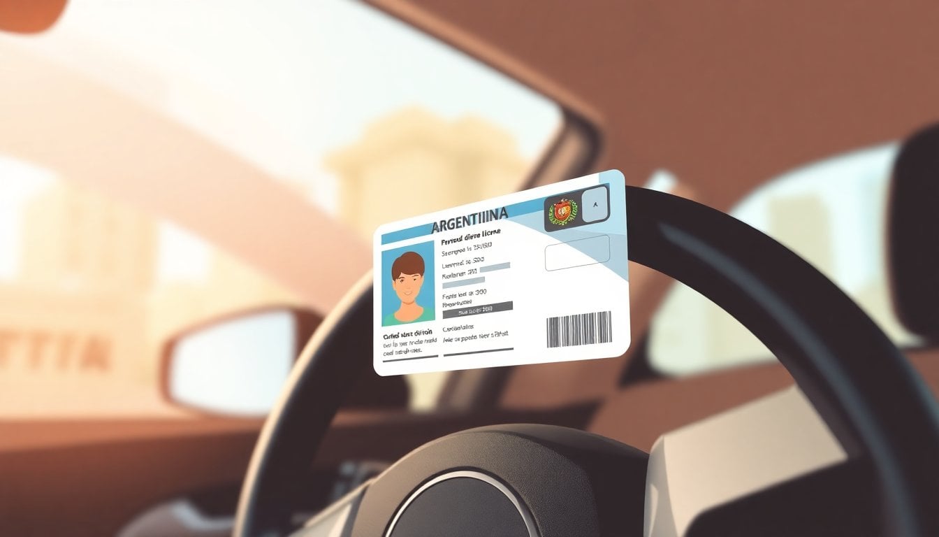 Argentine driver's license card close-up on steering wheel, car interior background, natural light